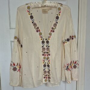 Anthropologie Cream Floral Embroidered Blouse, M